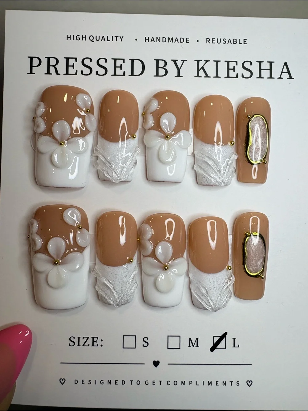 Nude & White 3D Floral Press-On Nails